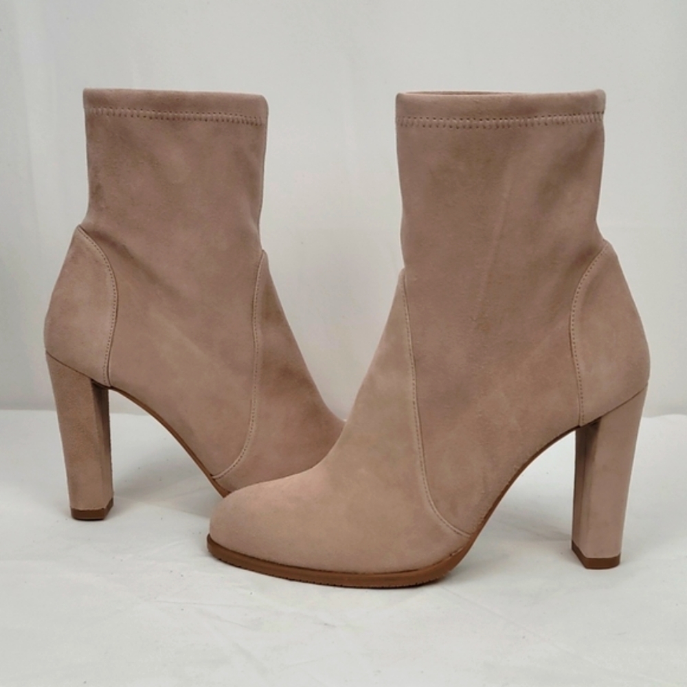 Stuart Weitzman Highland Nude Stretch Suede Block Heels Annkle Boots size 7.5 M